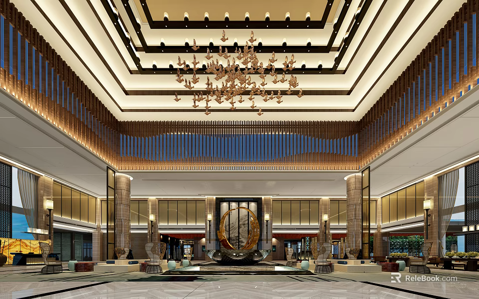 Luxurious Hotel Lobby Interior Design With Grand Chandelier Decorative Art And Marble Floor 3d model 