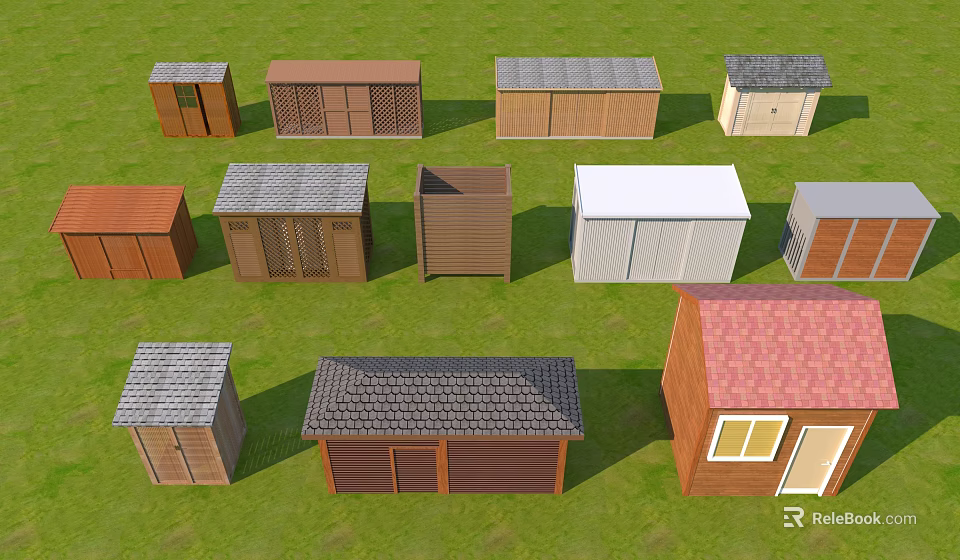 Various Storage Shed Designs Displayed On Green Grass With Different Roofs 3d model
