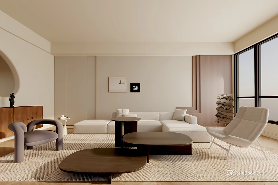 Modern Living Room Interior With Neutral Tones Sofa Accent Chairs Coffee Tables And Large Windows 3d model 
