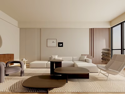 Modern Living Room Interior With Neutral Tones Sofa Accent Chairs Coffee Tables And Large Windows 3d model