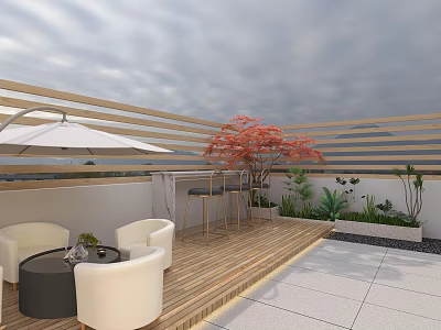 Roof Terrace Garden Landscape With Wooden Deck White Umbrella Red Maple Tree And Green Plants 3d model