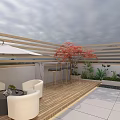 Roof Terrace Garden Landscape With Wooden Deck White Umbrella Red Maple Tree And Green Plants