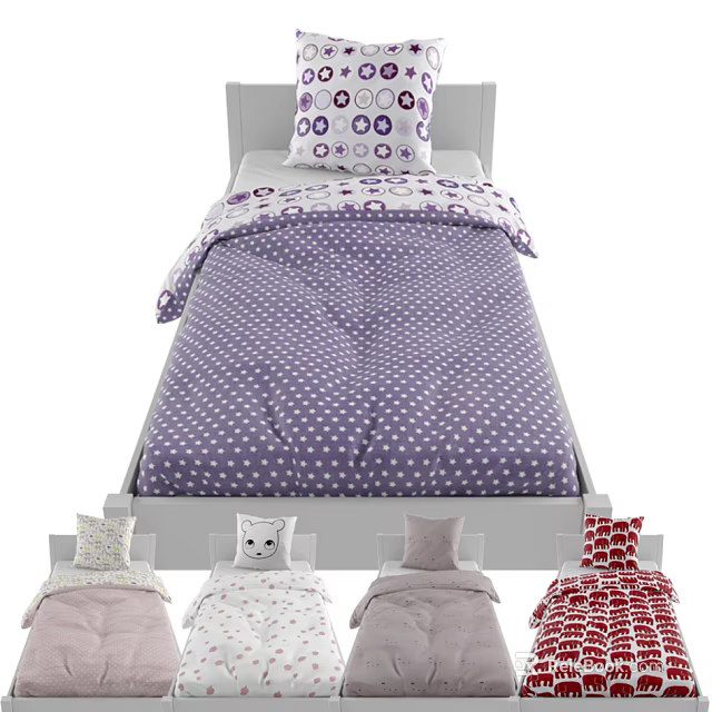 Kids Bed Featuring Purple Polka Dot Bedding Circular Pattern Pillow and Various Bedding Sets 3d model