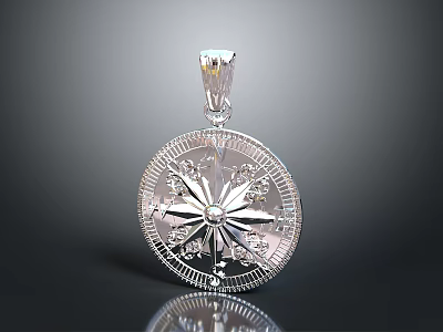 Elegant Silver Round Pendant With Star Shaped Design And Diamond Encrusted Details 3d model