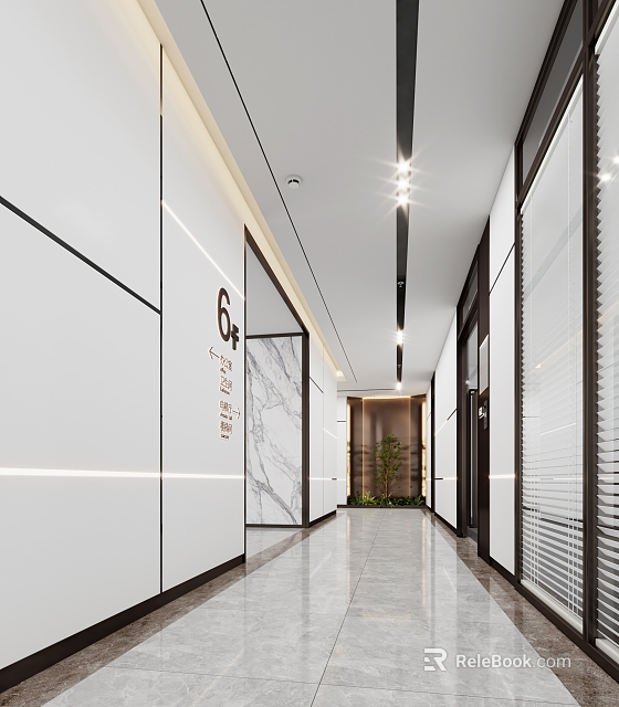 Modern Office Corridor With White Walls Black Lines Glass Partitions Marble Decor Greenery And Lighting 3d model 