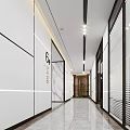 Modern Office Corridor With White Walls Black Lines Glass Partitions Marble Decor Greenery And Lighting