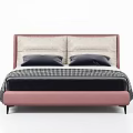 Modern Double Bed With Pink Leather Headboard Beige Cushions Gray Pillows And Checkered Blanket