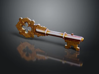 Golden Ornate Key On Black Background With Intricate Patterns And Reflection 3d model