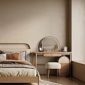Modern Bedroom Interior With Wooden Bed Decorative Painting Nightstand Table Lamp And Area Rug