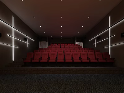Modern Cinema Interior With Neatly Arranged Red Seats White Linear Lights And Ceiling Recessed Lights 3d model