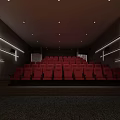 Modern Cinema Interior With Neatly Arranged Red Seats White Linear Lights And Ceiling Recessed Lights