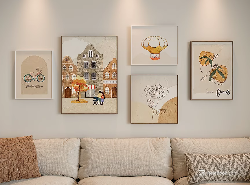 Stylish Photo Wall Decor With Bicycle Building Dessert Rose And Fruits Artworks 3d model 