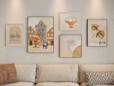Stylish Photo Wall Decor With Bicycle Building Dessert Rose And Fruits Artworks 3d model