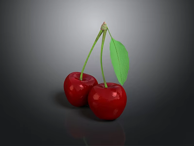 Fresh Red Cherries With Green Leaf And Stem On Dark Background 3d model