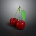 Fresh Red Cherries With Green Leaf And Stem On Dark Background
