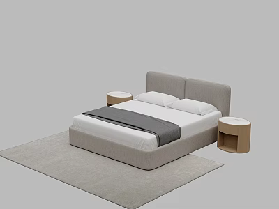 Modern Double Bed With Upholstered Headboard Round Nightstands And Light Colored Rug 3d model