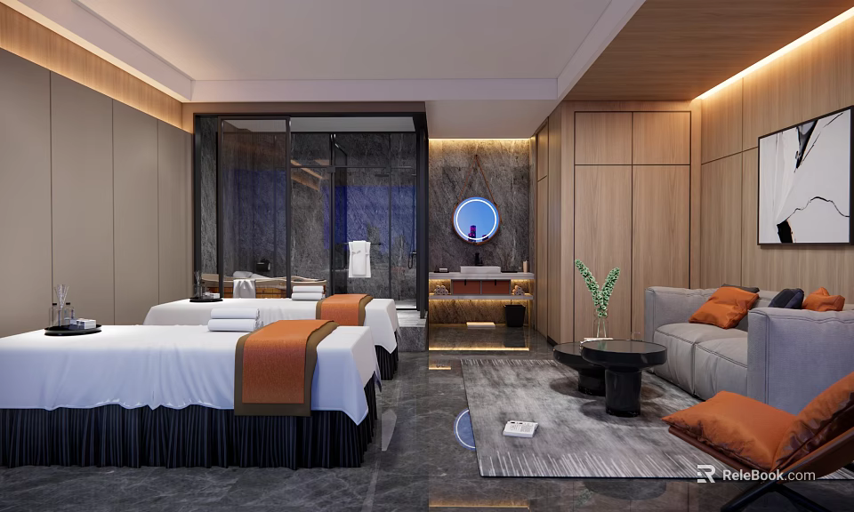 Modern SPA Sauna Room With Massage Beds Wooden Elements Round Mirror And Green Plants 3d model 