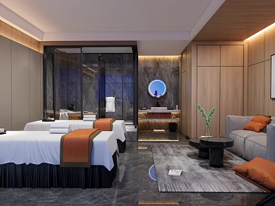 Modern SPA Sauna Room With Massage Beds Wooden Elements Round Mirror And Green Plants 3d model