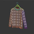 Long Sleeve Knitted Sweater With Gray White Plaid Pattern On Wooden Hanger