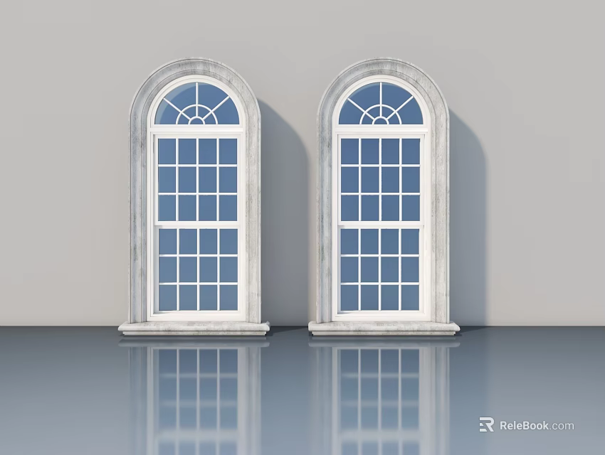 Double Arched Swing Doors With White Frames And Glass Panels On Reflective Floor 3d model 