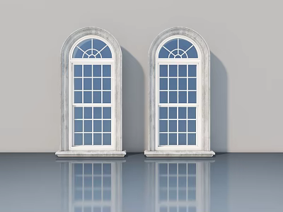 Double Arched Swing Doors With White Frames And Glass Panels On Reflective Floor 3d model