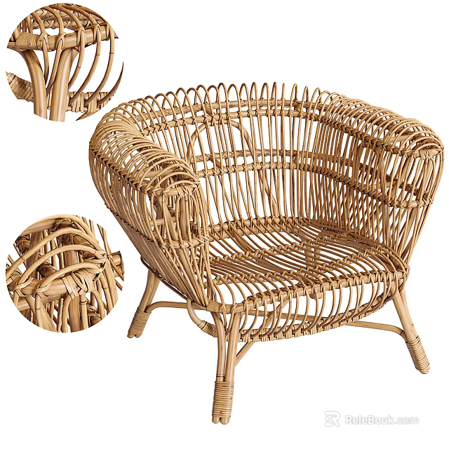 Handwoven Rattan Leisure Chair With Curved Armrests And Woven Texture Design 3d model 