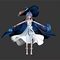 Anime Female Character With Long Blue Hair White Dress Blue Cape Hat And Flower Creature