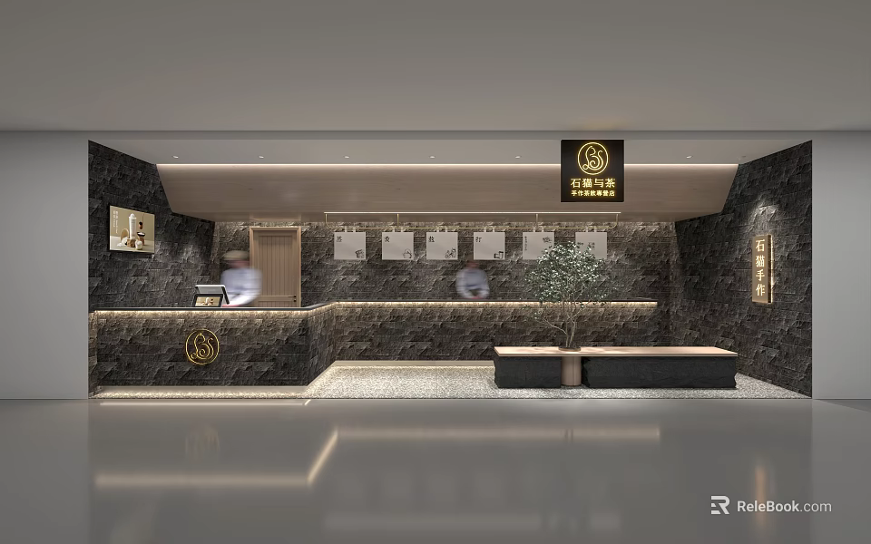 Modern Bubble Tea Shop Interior Design With Reception Seating And Plants 3d model 