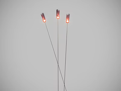 Three Slim Floor Lamps With Red Lampshades Lit In Grey Background 3d model