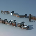 Traditional Commercial Street Featuring Connected Buildings Classic Roofs And Tower Structures 3d model