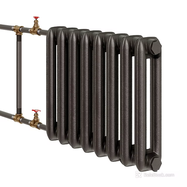 Black Cast Iron Column Radiator With Brass Fittings For Efficient Home Heating 3d model 