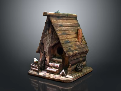 Rustic Countryside Wooden Cottage With Tiled Roof Chimney Wooden Logs And Small Animals 3d model