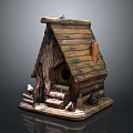 Rustic Countryside Wooden Cottage With Tiled Roof Chimney Wooden Logs And Small Animals