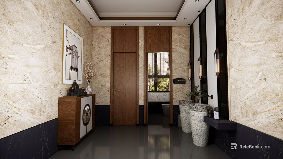 Luxury Hotel Bathroom Interior With Marble Walls Wooden Doors And Decorative Plants 3d model 
