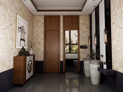 Luxury Hotel Bathroom Interior With Marble Walls Wooden Doors And Decorative Plants 3d model