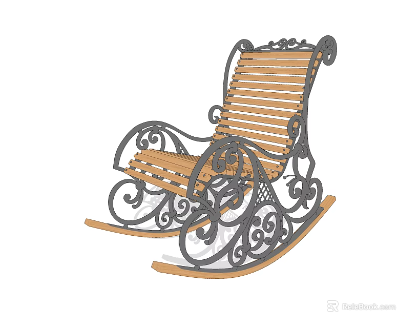 Vintage Wooden Rocking Chair With Ornate Metal Frame And Scrollwork Design 3d model 