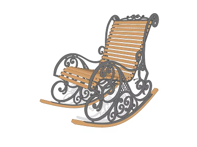 Vintage Wooden Rocking Chair With Ornate Metal Frame And Scrollwork Design 3d model