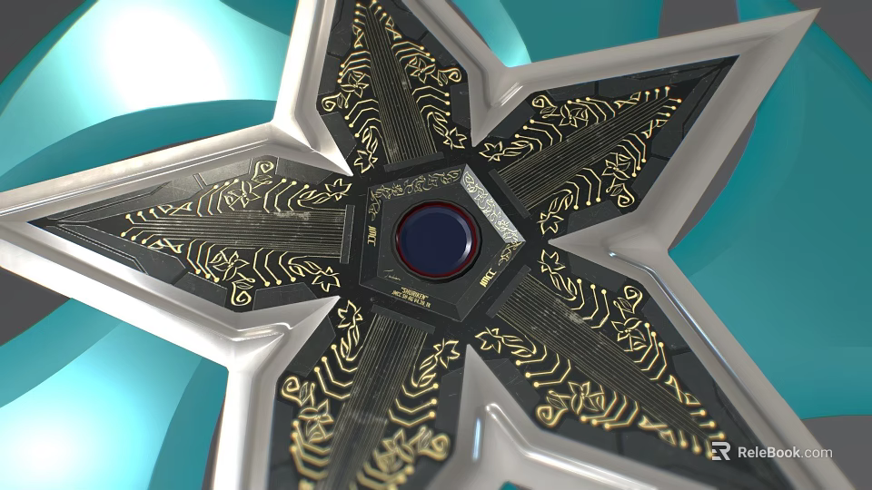 Star Shaped Weapon with Golden Patterns Black Background and Central Blue Circle 3d model 