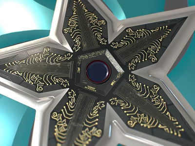 Star Shaped Weapon with Golden Patterns Black Background and Central Blue Circle 3d model