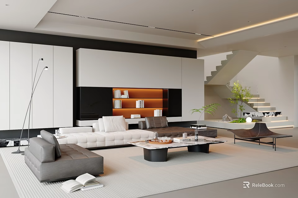 Modern Living Room Interior Design With White Sofa Coffee Table Display Shelves And Staircase 3d model 