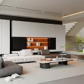 Modern Living Room Interior Design With White Sofa Coffee Table Display Shelves And Staircase