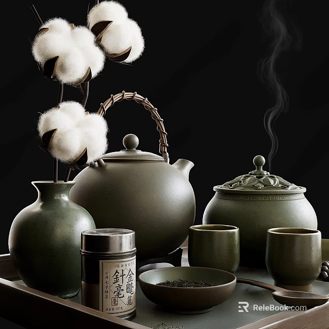 Traditional Green Ceramic Tea Set With Teapot Teacups Tea Caddy And Cotton Decorations On Tray 3d model 