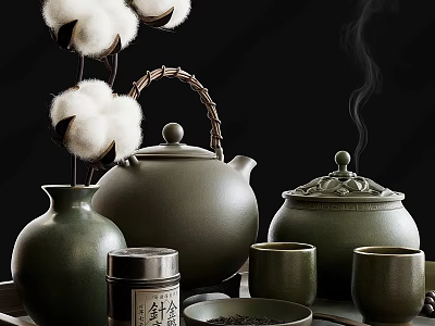 Traditional Green Ceramic Tea Set With Teapot Teacups Tea Caddy And Cotton Decorations On Tray 3d model