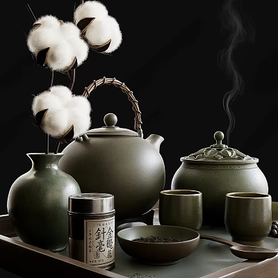 Traditional Green Ceramic Tea Set With Teapot Teacups Tea Caddy And Cotton Decorations On Tray 3d model