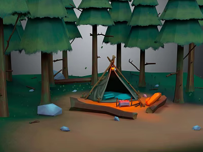 Forest Camping Natural Scene With Green Trees Canvas Tent Warm Light And Ground Stones 3d model