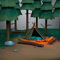 Forest Camping Natural Scene With Green Trees Canvas Tent Warm Light And Ground Stones