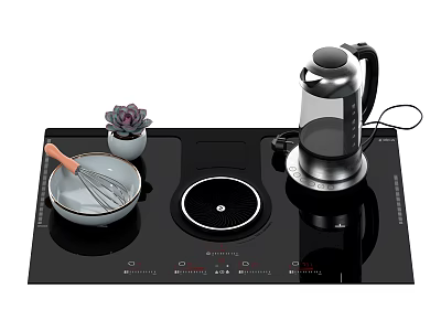 Modern Kitchen Induction Cooktop with Electric Kettle Mixing Bowl Whisk and Potted Plant 3d model