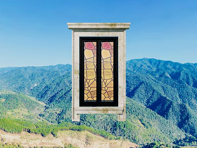 Carved Window with Stained Glass Design Against Blue Sky and Mountain View 3d model