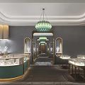 Elegant Modern Jewelry Store Interior With Glass Display Cases And Chandelier