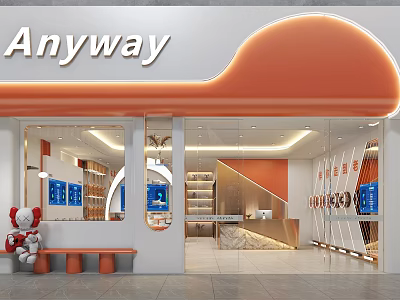 Anyway Clothing Store With Orange Curved Signboard Glass Facade And Display Shelves 3d model